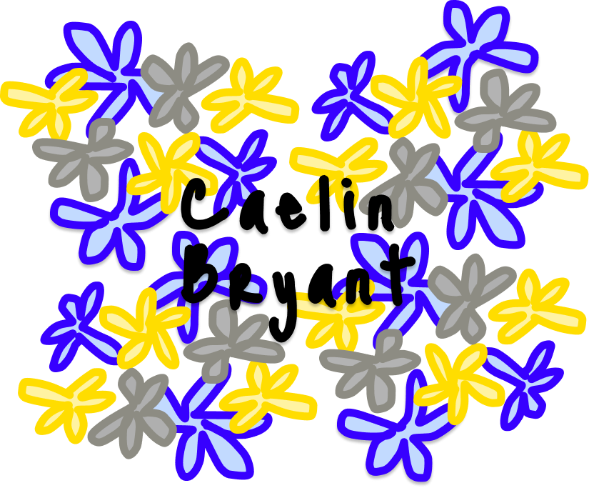 An image with blue, yellow, and grey flowers and caelin bryant in the middle